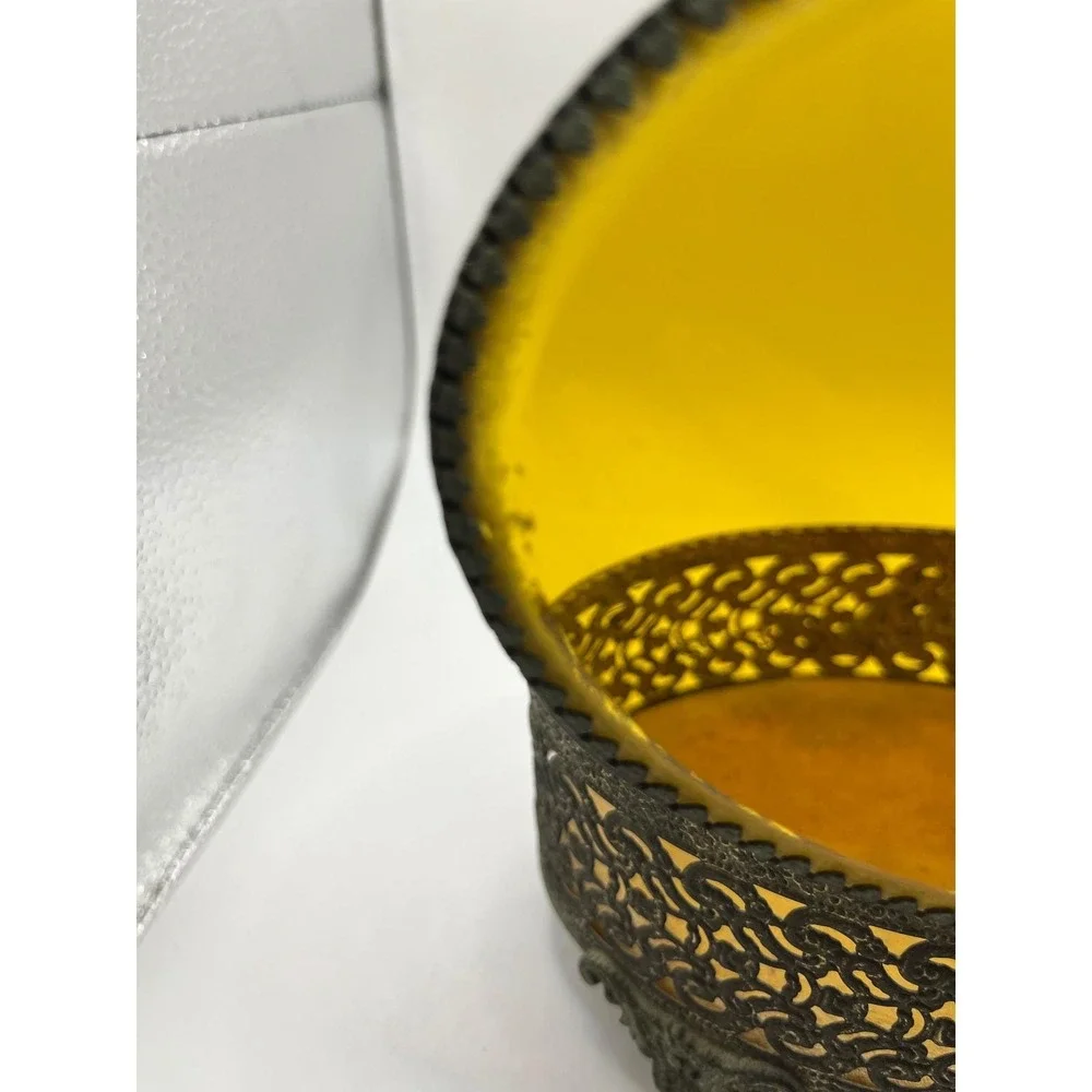 Vintage Ornate Filigree Jewelry Box Amber‎ Glass Oval Footed Trinket Casket